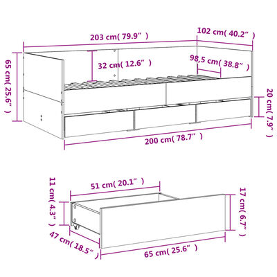 vidaXL Dnevna postelja s predali brez vzmetnice siva sonoma 100x200 cm