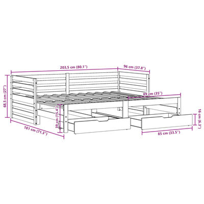 vidaXL Dnevna postelja s predali bela 90x200 cm trdna borovina