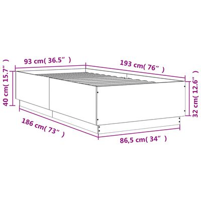 vidaXL Posteljni okvir z LED lučkami dimljeni hrast 90x190 cm inž. les