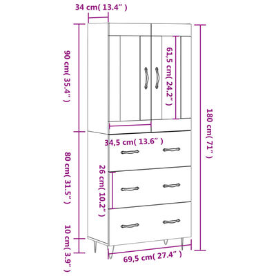 vidaXL Visoka komoda siva sonoma 69,5x34x180 cm inženirski les