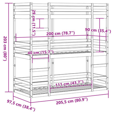 vidaXL Trojni pograd bel 90x200 cm trdna borovina