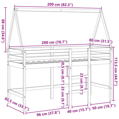 vidaXL Posteljni okvir z lestvijo in streho bel 80x200 cm borovina