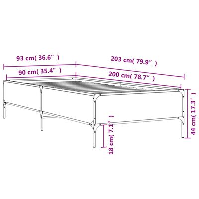 vidaXL Posteljni okvir sonoma hrast 90x200 cm inženirski les in kovina