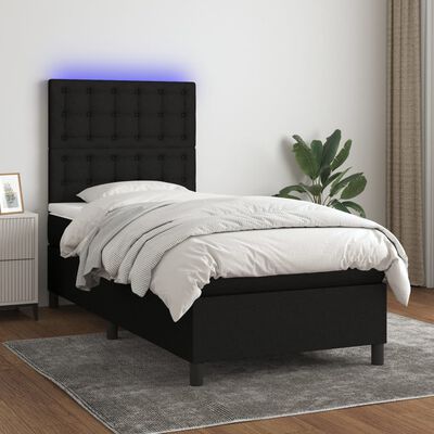 vidaXL Box spring postelja z vzmetnico LED črna 90x190 cm blago