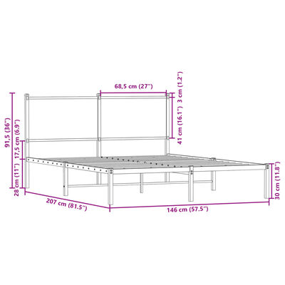 vidaXL Kovinski posteljni okvir brez vzmetnice rjavi hrast 140x200 cm