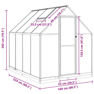 vidaXL Rastlinjak z okvirjem srebrn 224x169x202 cm aluminij