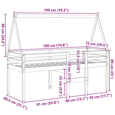 vidaXL Visoka postelja s streho voščeno rjava 75x190 cm trdna borovina