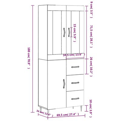 vidaXL Visoka komoda siva sonoma 69,5x34x180 cm inženirski les