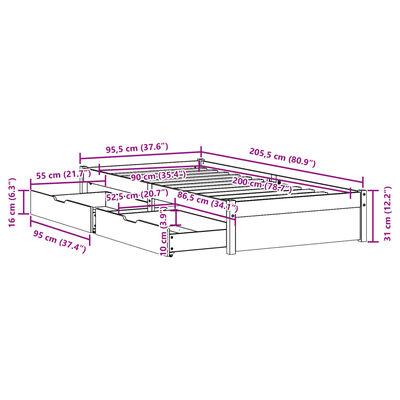 vidaXL Posteljni okvir brez vzmetnice bel 90x200 cm trdna borovina