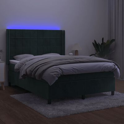 vidaXL Box spring postelja z vzmetnico LED tem. zelena 140x190cm žamet