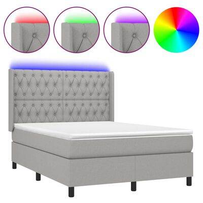 vidaXL Box spring postelja z vzmetnico LED svetlo siva 140x190cm blago