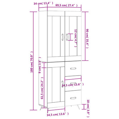 vidaXL Visoka omara bela 69,5x34x180 cm inženirski les