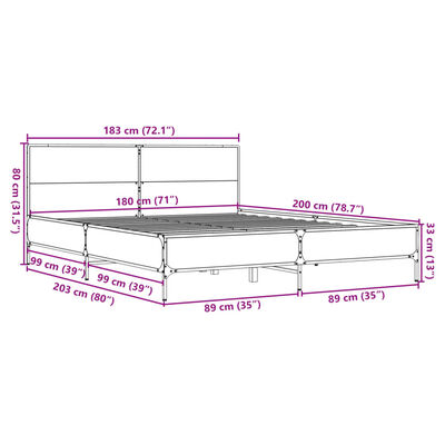 vidaXL Posteljni okvir siva sonoma 180x200 cm inž. les in kovina