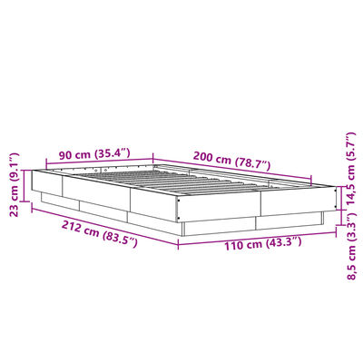 vidaXL Posteljni okvir z LED lučkami siva sonoma 90x200 cm inž. les