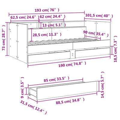 vidaXL Dnevna postelja s predali brez vzmetnice sonoma hrast 90x190 cm