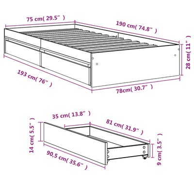 vidaXL Posteljni okvir s predali siva sonoma 75x190 cm inženirski les