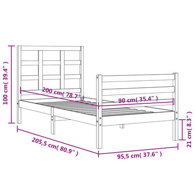 vidaXL Posteljni okvir z vzglavjem bel 90x200 cm trden les