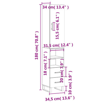 vidaXL Visoka omara bela 34,5x34x180 cm inženirski les