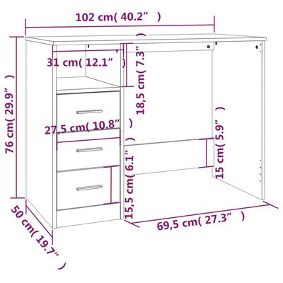 vidaXL Pisalna miza s predali črna 102x50x76 cm inženirski les