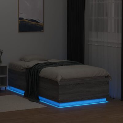 vidaXL Posteljni okvir z LED lučkami siva sonoma 75x190 cm inž. les