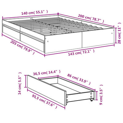 vidaXL Posteljni okvir s predali sonoma hrast 140x200cm inženirski les