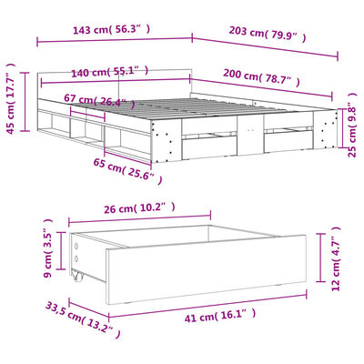 vidaXL Posteljni okvir s predali dimljen hrast 140x200 cm inž. les