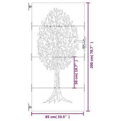 vidaXL Vrtna vrata 85x200 cm corten jeklo dizajn drevesa