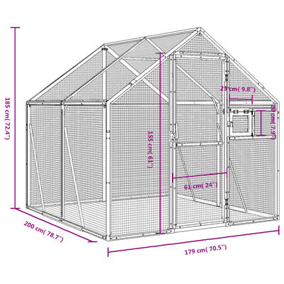 vidaXL Ptičnica srebrna 1,79x2x1,85 m aluminij