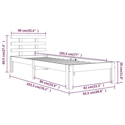 vidaXL Posteljni okvir črn iz trdnega lesa 90x190 cm