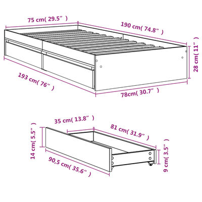 vidaXL Posteljni okvir s predali sonoma hrast 75x190 cm inženirski les