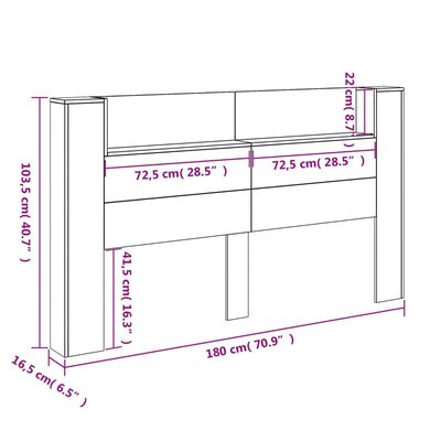 vidaXL Omarica za vzglavje postelje LED črna 180x16,5x103,5 cm