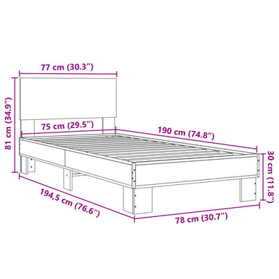 vidaXL Posteljni okvir sonoma hrast 75x190 cm inženirski les in kovina