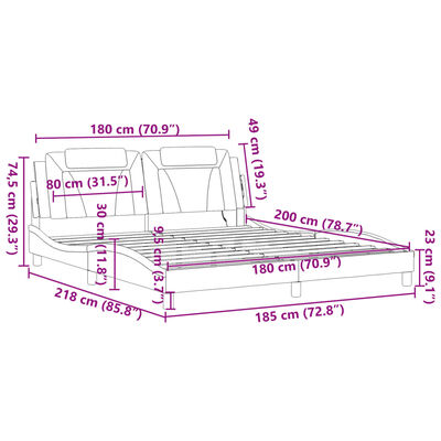 vidaXL Posteljni okvir z LED lučkami črn bel 180x200 cm umetno usnje