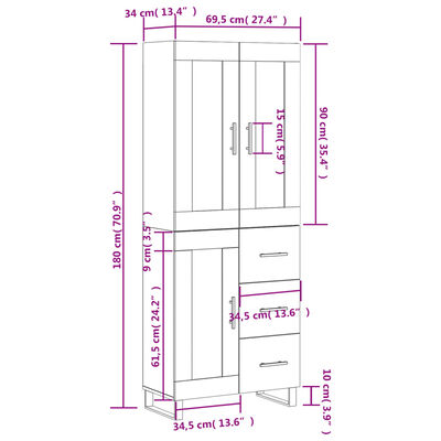 vidaXL Visoka omara bela 69,5x34x180 cm inženirski les