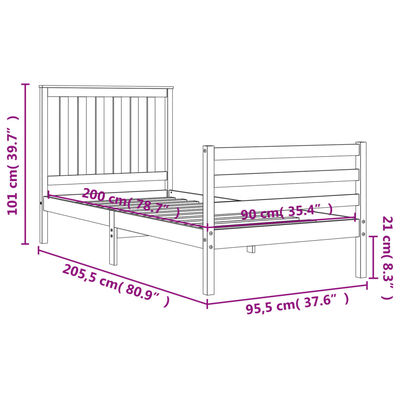 vidaXL Posteljni okvir z vzglavjem bel 90x200 cm trden les