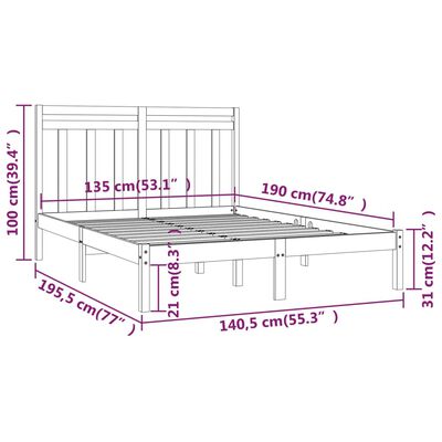 vidaXL Posteljni okvir črn iz trdnega lesa 135x190 cm