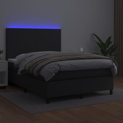 vidaXL Box spring postelja z vzmetnico LED črna 140x200 cm um. usnje