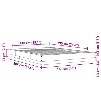 vidaXL Posteljni okvir z LED lučkami rjavi hrast 140x190 cm inž. les