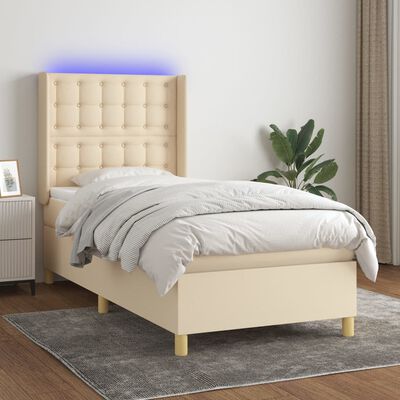 vidaXL Box spring postelja z vzmetnico LED krem 100x200 cm blago