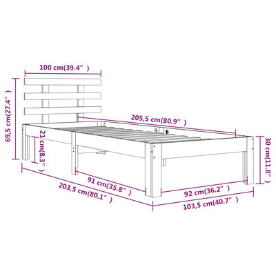 vidaXL Posteljni okvir medeno rjav iz trdnega lesa 100x200 cm