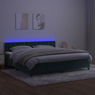 vidaXL Box spring postelja z vzmetnico LED tem. zelena 200x200cm žamet