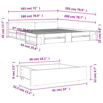 vidaXL Posteljni okvir s predali siva sonoma 180x200 cm inženirski les