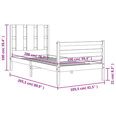 vidaXL Posteljni okvir z vzglavjem 100x200 cm trden les