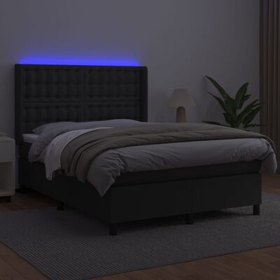 vidaXL Box spring postelja z vzmetnico LED črna 140x200cm umetno usnje