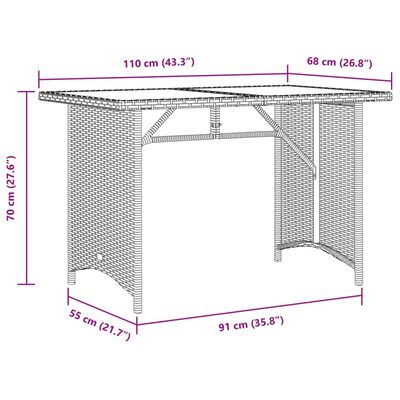 vidaXL Vrtna miza s stekleno ploščo rjava 110x68x70 cm poli ratan