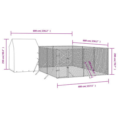 vidaXL Zunanja pasja ograda s streho srebrna 6x6x2,5 m pocinkano jeklo