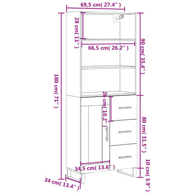 vidaXL Visoka komoda betonsko siva 69,5x34x180 cm inženirski les