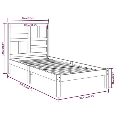 vidaXL Posteljni okvir črn iz trdnega lesa 90x190 cm