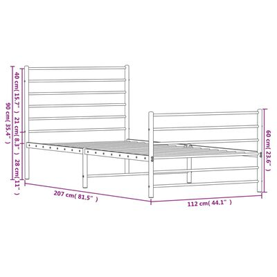 vidaXL Kovinski posteljni okvir z vzglavjem in vznožjem črn 107x203 cm