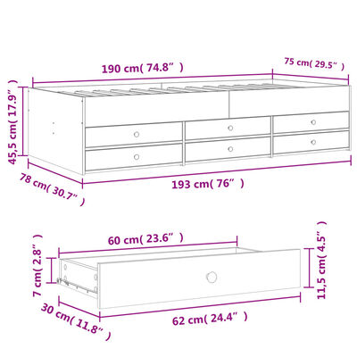 vidaXL Dnevna postelja s predali brez vzmetnice rjavi hrast 75x190 cm